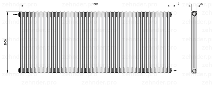 Схема (чертеж) Радиатор Zehnder Charleston 2200/39 №1670 Белый глянцевый RAL 9016